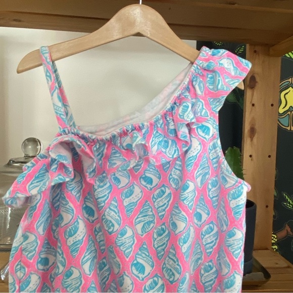 Lilly Pulitzer Pink Blue Seashell Print One Shoulder Ruffle Shorts Terry Romper - Picture 5 of 13